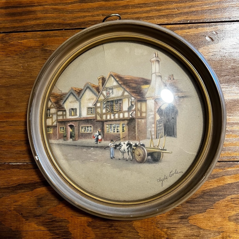 Vintage Round Wall Art with Village Scene